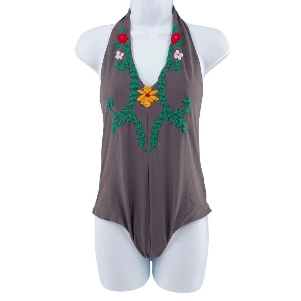 Posh Pua Gray Halter‎ One Piece Embroidered Bikini